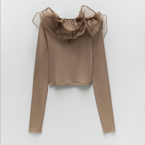 ZARA BROWN ORGANZA RUFFLE LONG SLEEVE TOP SIZE M - Picture 6 of 6